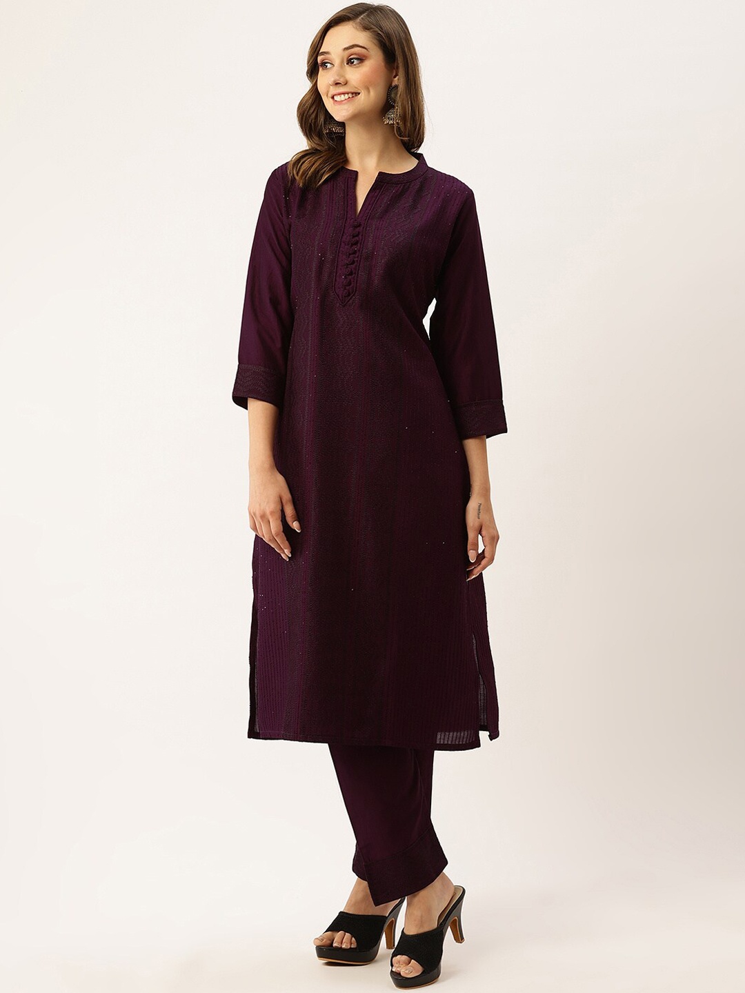 

ZOLA Purple Ethnic Motifs Chikankari Embroidered Regular Kurta With Trousers