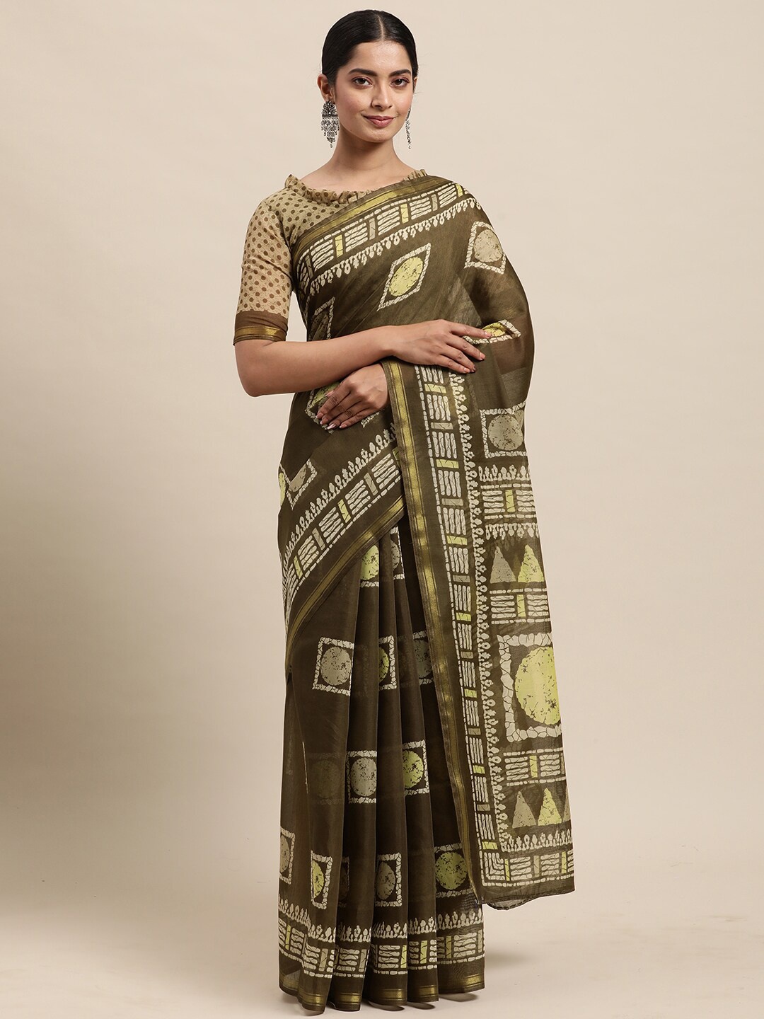 

KALINI Geometric Printed Zari Saree, Olive