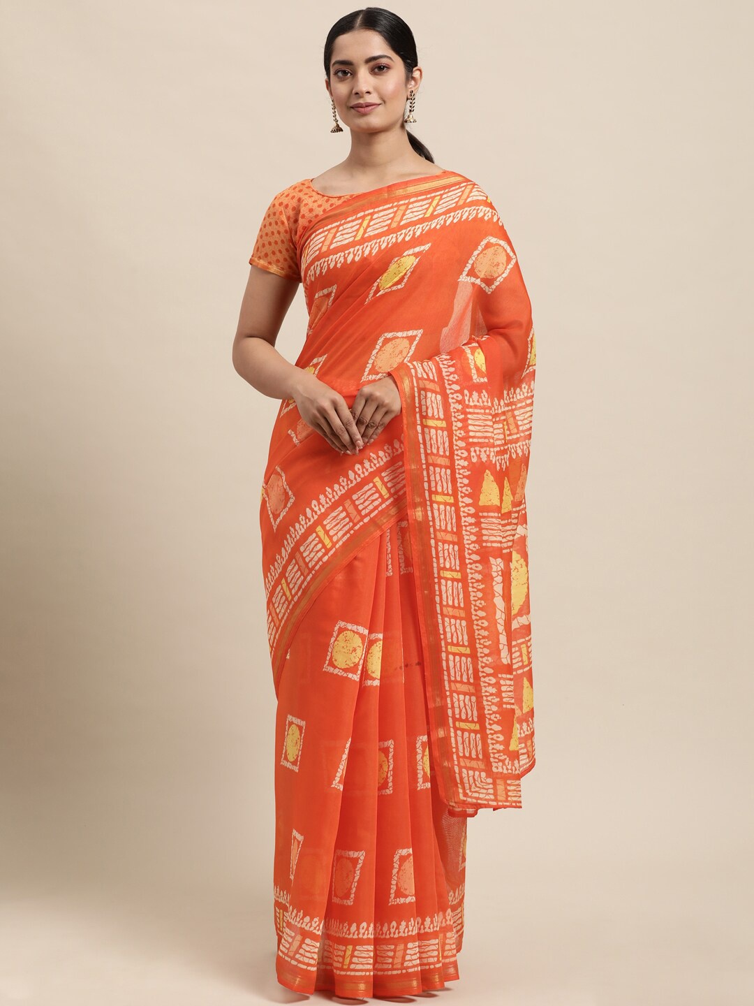 

KALINI Geometric Printed Zari Saree, Orange