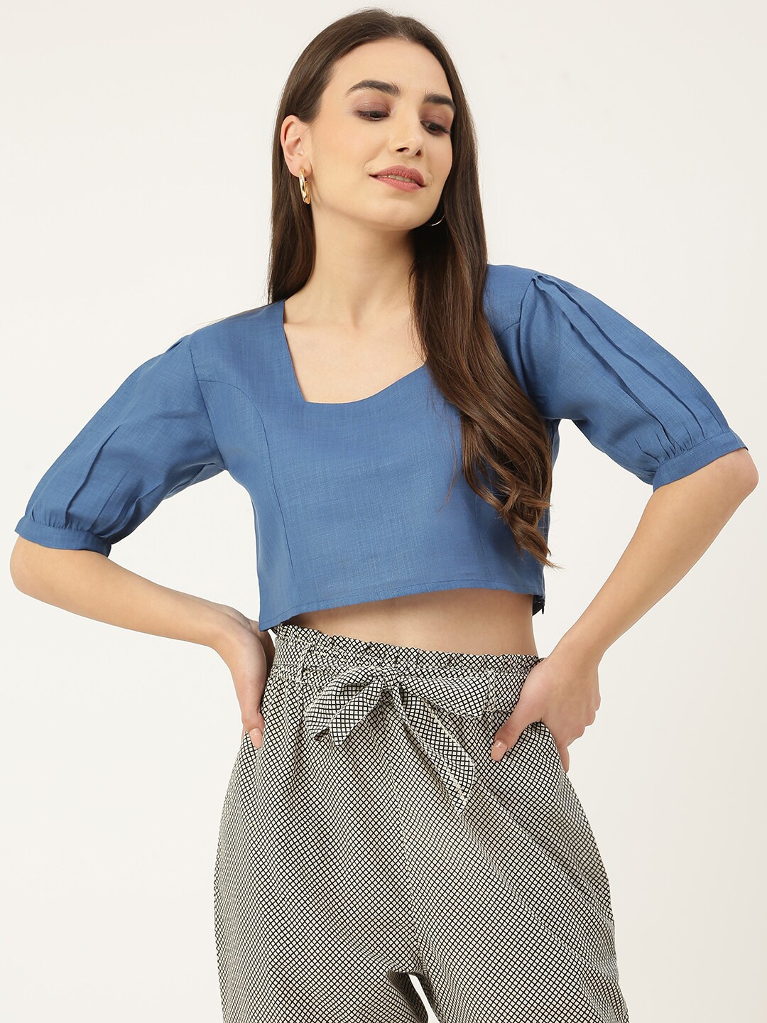 

KALINI Square Neck Puffed Sleeves Cotton Crop Top, Blue