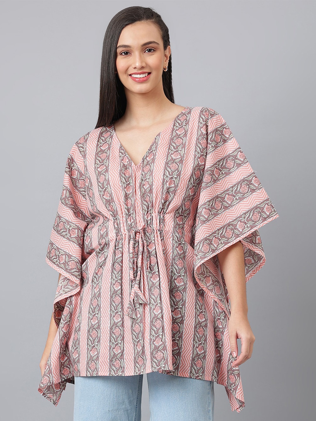 

KALINI Floral printed Kimono Sleeves Cotton Kaftan Longline Top, Pink