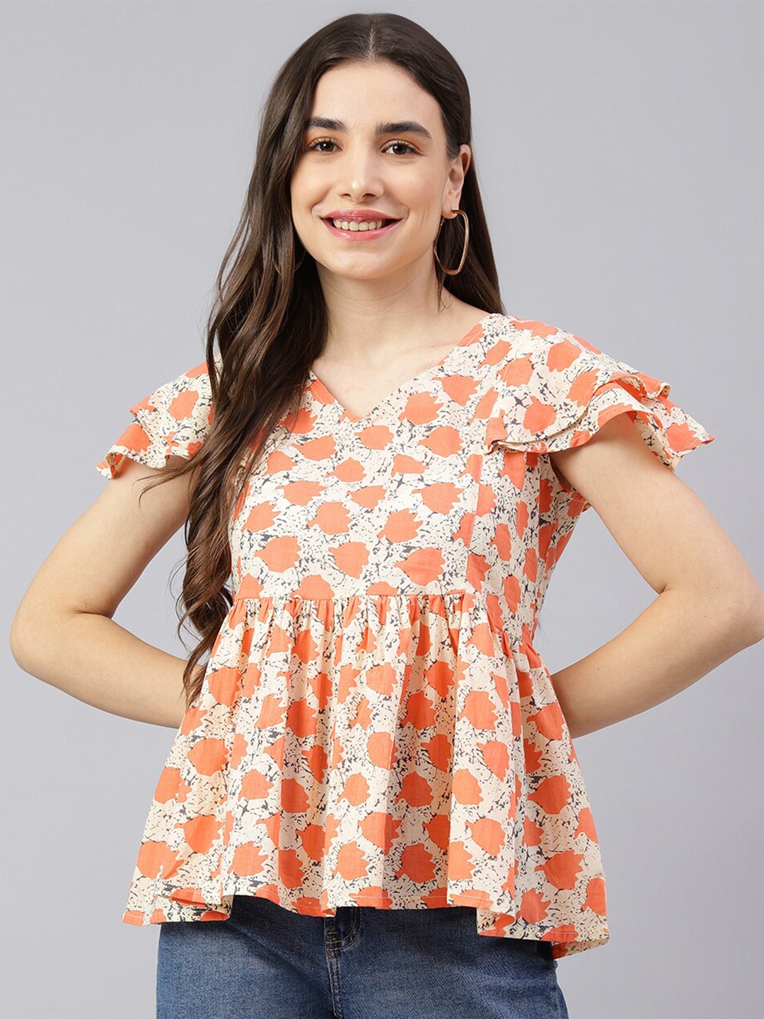 

KALINI Abstract Printed Flutter Sleeves Cotton Empire Top, Off white