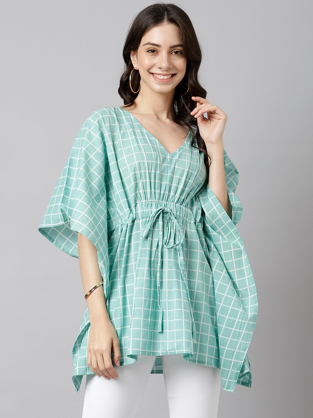 

KALINI Checked Kimono Sleeves Cotton Kaftan Longline Top, Green