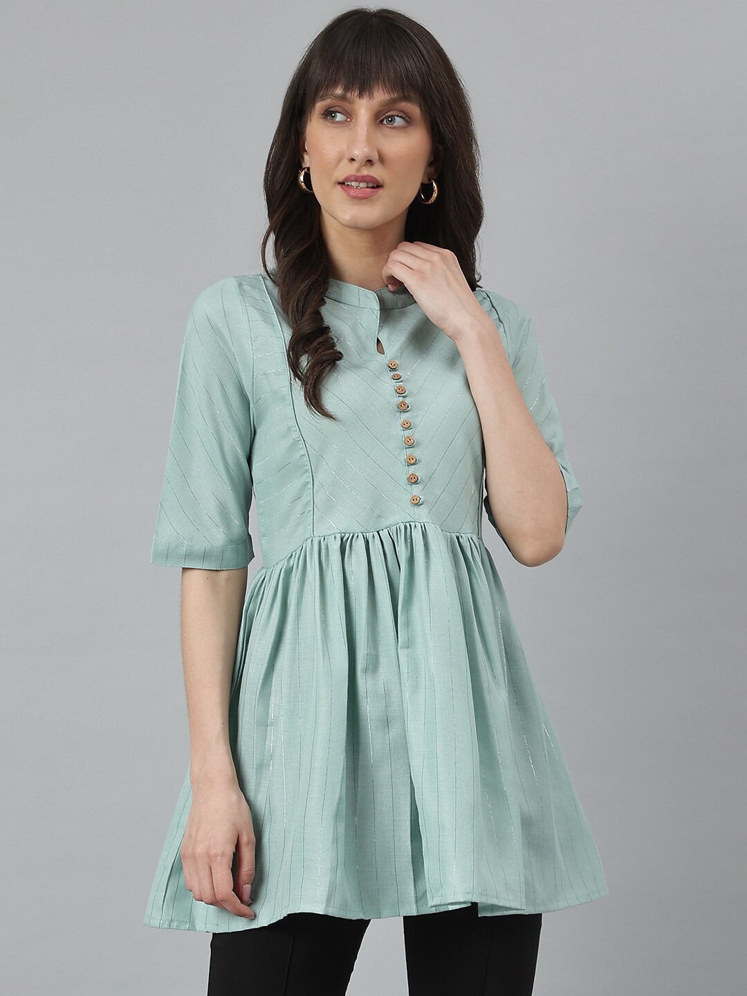 

KALINI Mandarin Collar Cotton Longline Top, Green