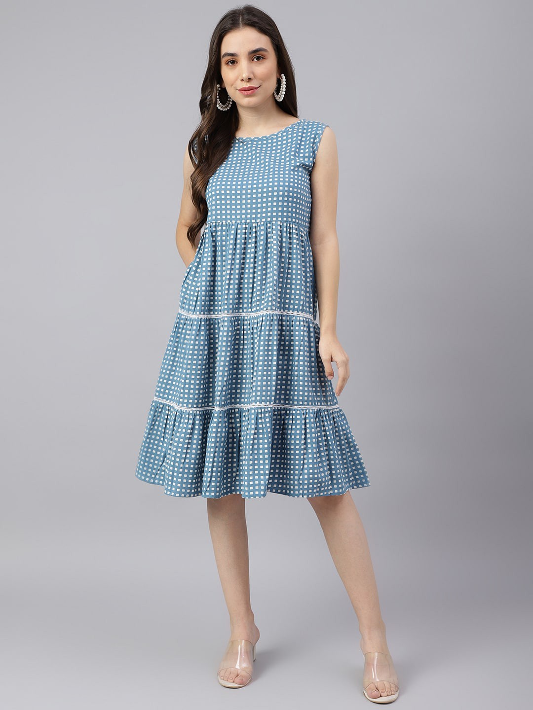 

KALINI Geometric Print Cotton Tiered Empire Dress, Teal