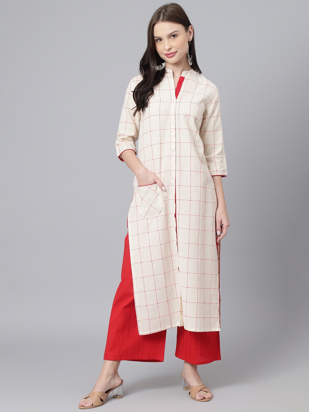 

KALINI Checked Mandarin Collar Cotton Kurta, Cream