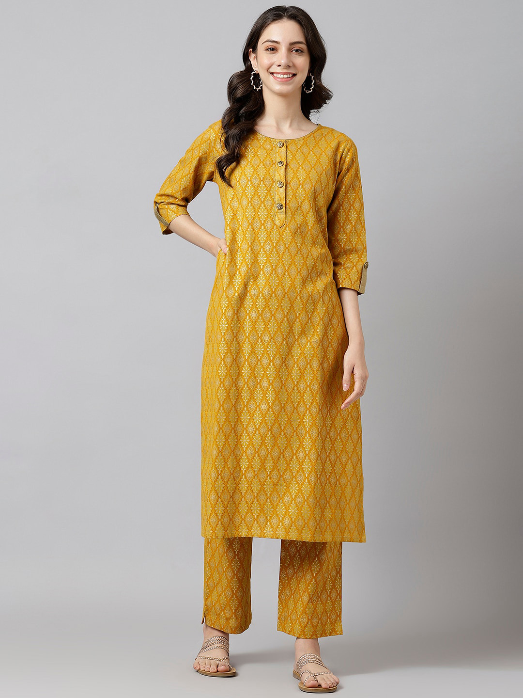 

KALINI Ethnic Motifs Printed Straight Cotton Kurta, Mustard