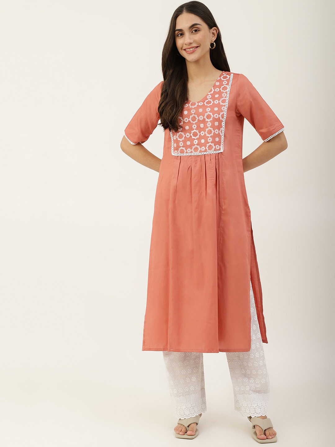 

KALINI Ethnic Motifs Printed A-Line Cotton Kurta, Peach