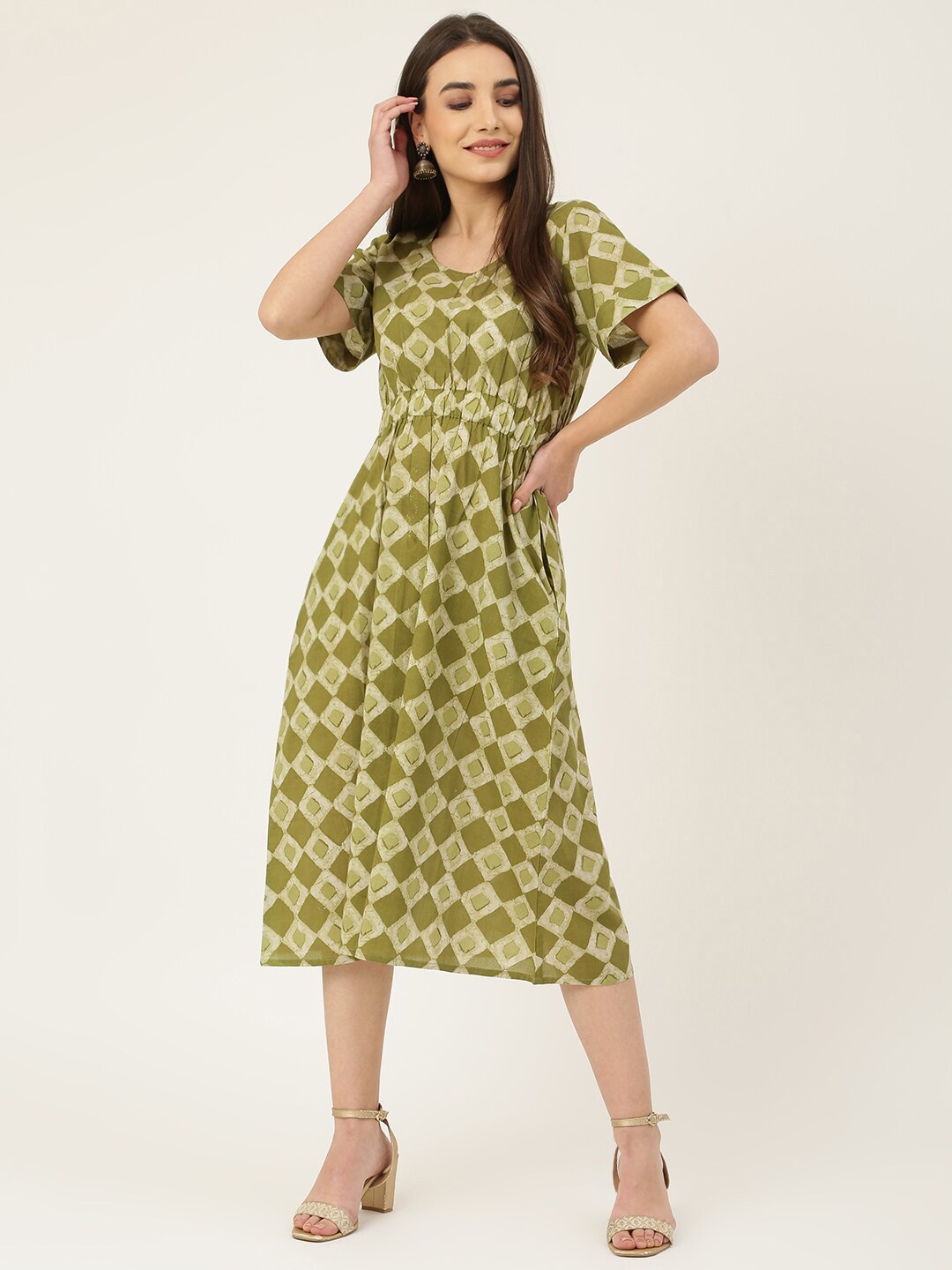 

KALINI Green Floral Print Flared Sleeve A-Line Midi Dress