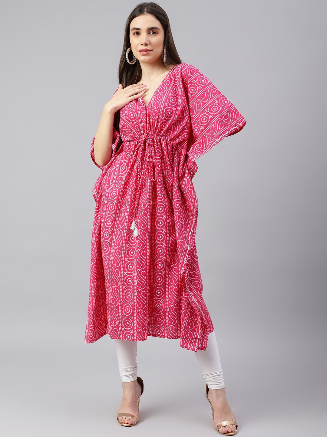 

KALINI V-Neck Bandhani Printed Flared Sleeves Gotta Patti Kaftan Kurta, Magenta