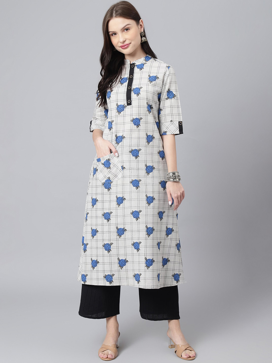 

KALINI Mandarin Collar Floral Printed Straight Kurta, Grey