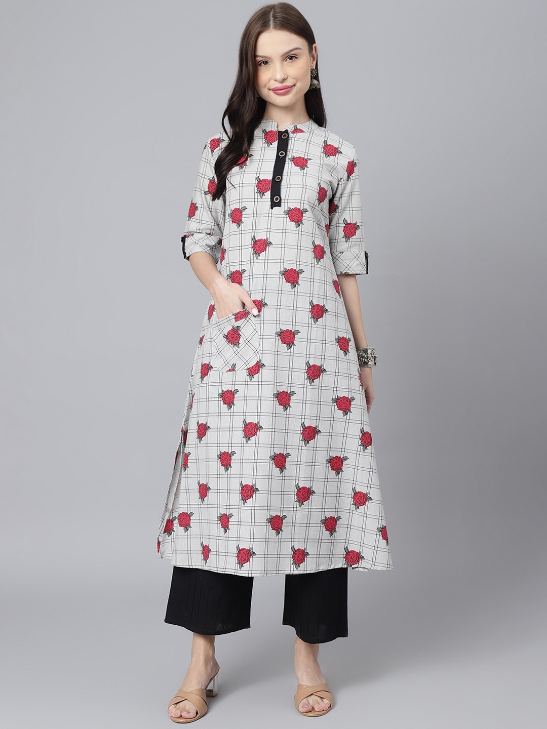 

KALINI Manadrin Collar Floral Prinetd Straight Kurta, Grey