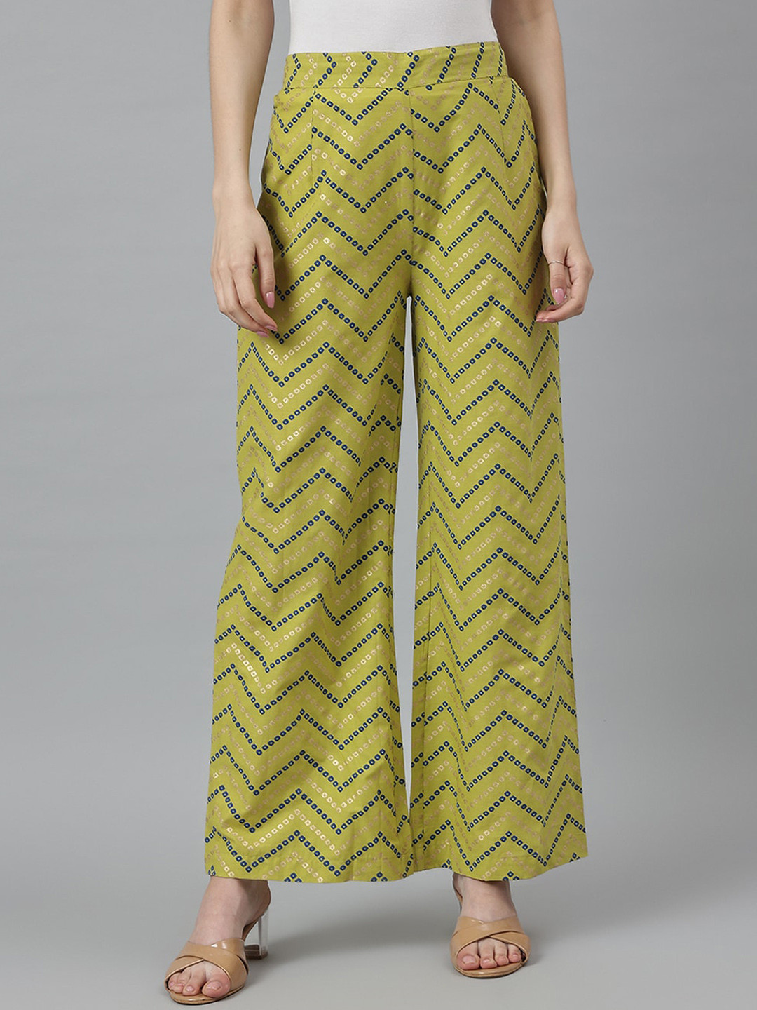 

KALINI Women Geometric Printed Relaxed Mid Rise Cotton Trousers, Gold