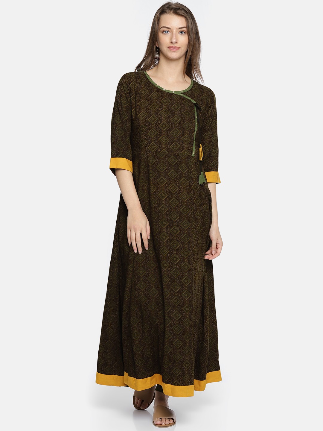 

Shree Women Brown & Green Printed Maxi Dress