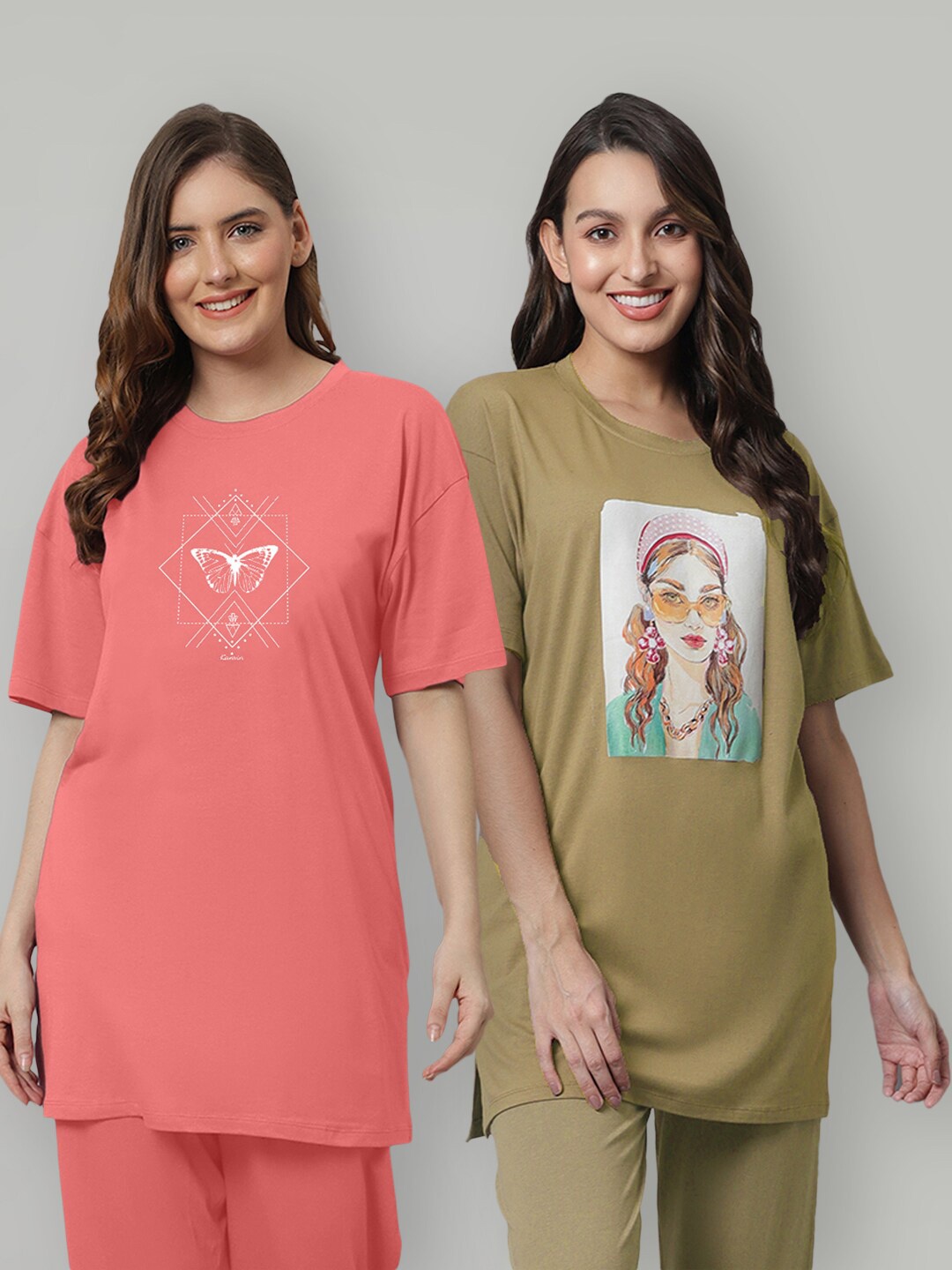 

Kanvin Camel Brown Pack Of 2 Printed Longline Loose Fit T-shirts