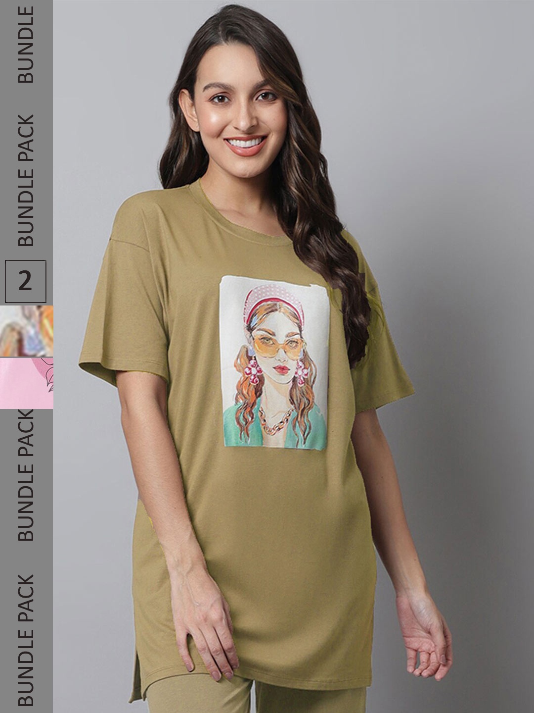 

Kanvin Women Pink Pack Of 2 Printed Longline Loose T-shirts, Olive
