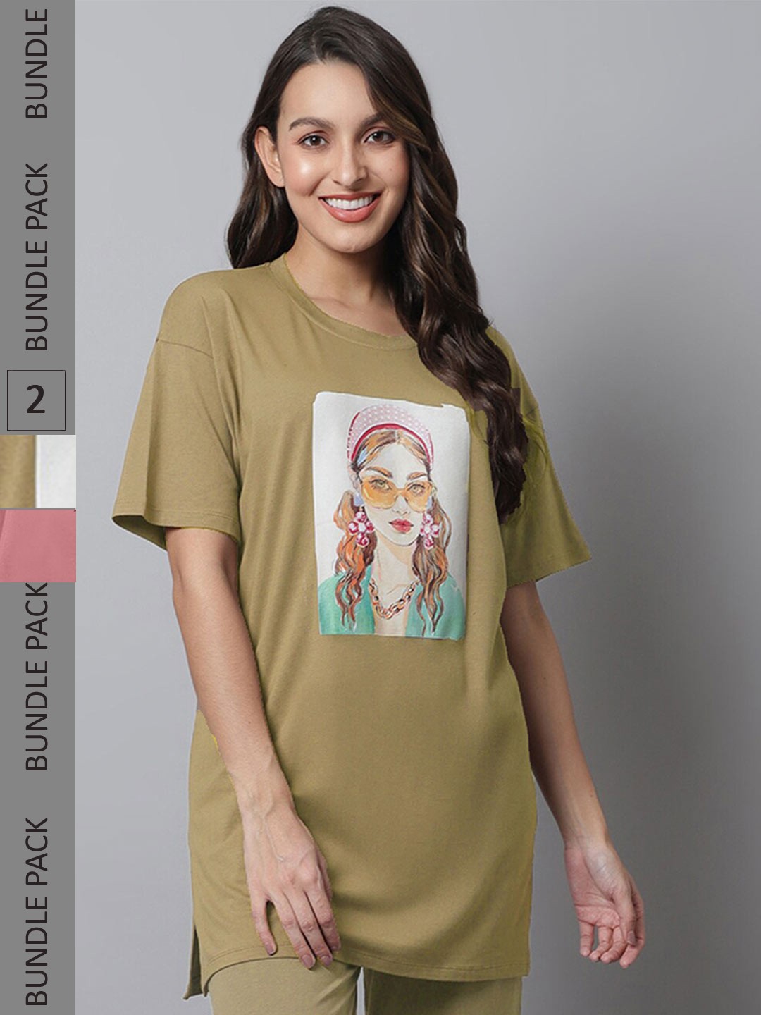 

Kanvin Pink Pack Of 2 Printed Longline Loose Fit T-shirts, Camel brown
