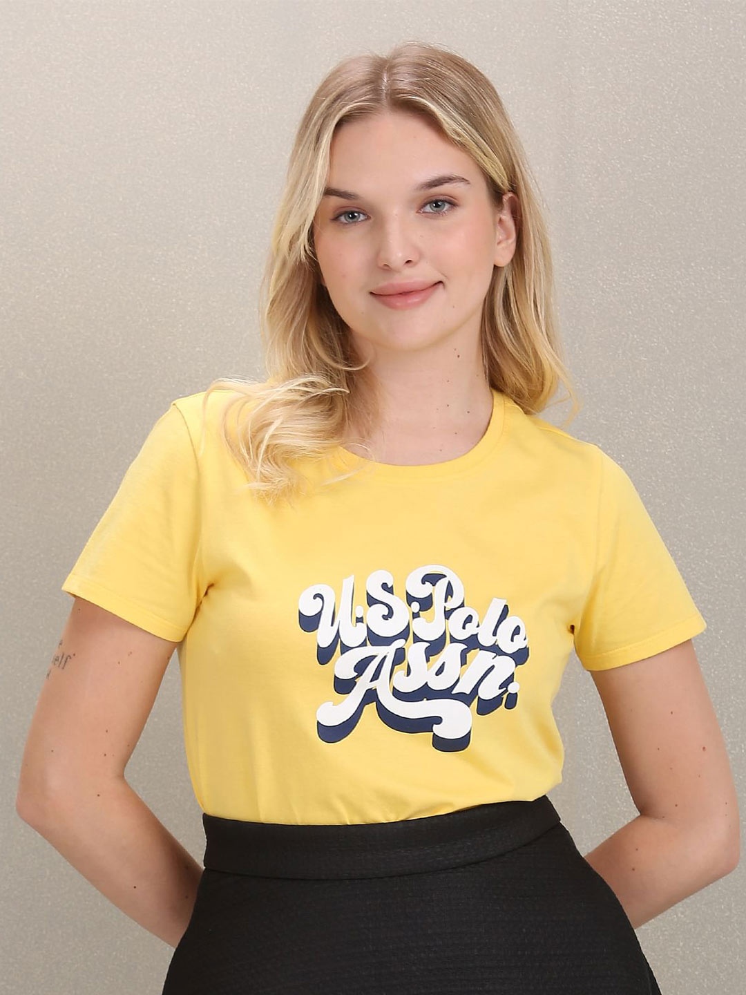 

U.S. Polo Assn. Women Typography Printed Slim Fit Cotton T-shirt, Yellow