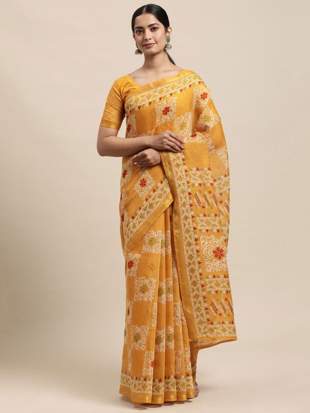 

Shaily Mustard & White Floral Printed Zari Saree