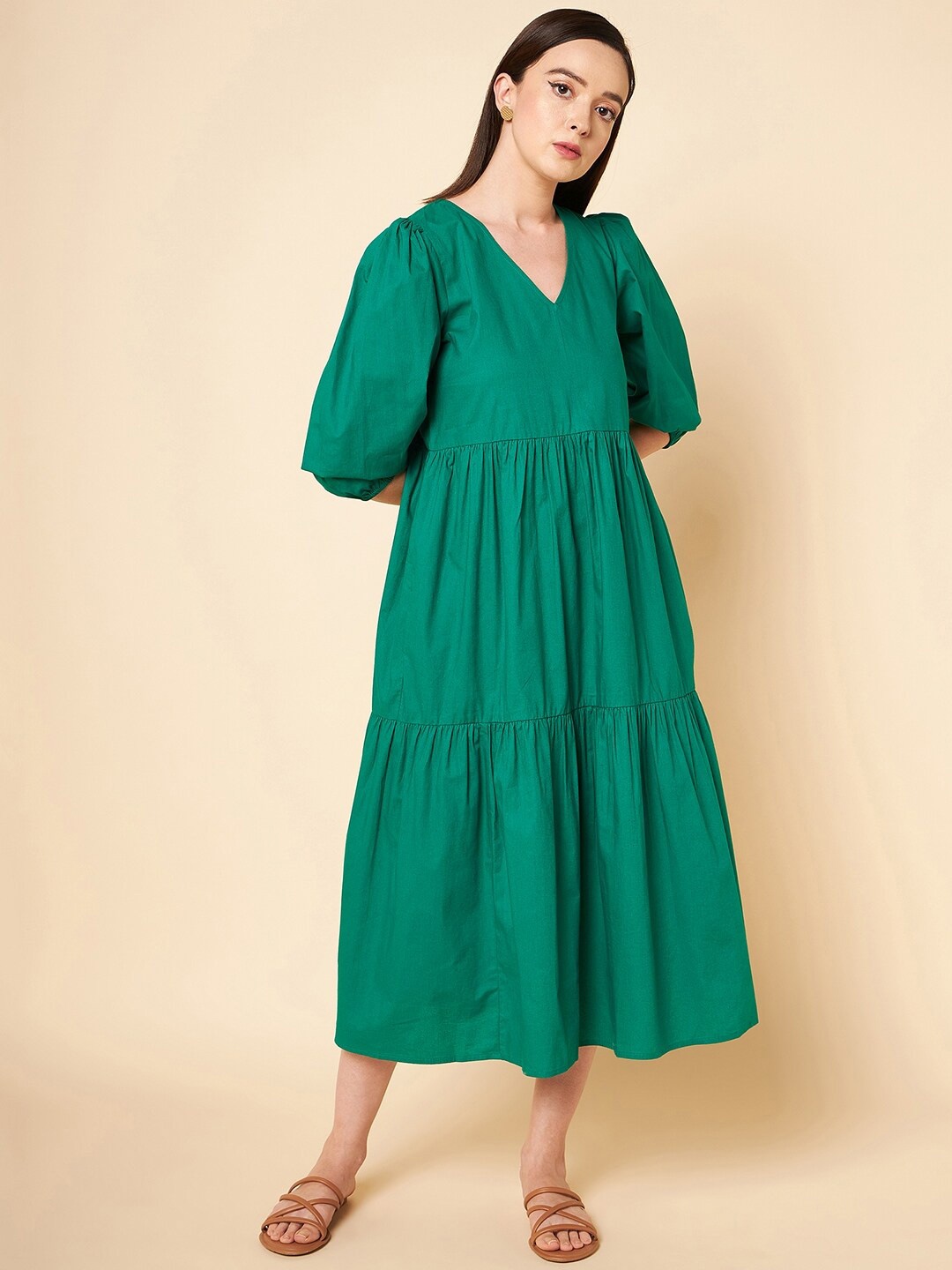 

High Star V-Neck Puff Sleeve Tiered Pure Cotton A-Line Midi Dress, Green
