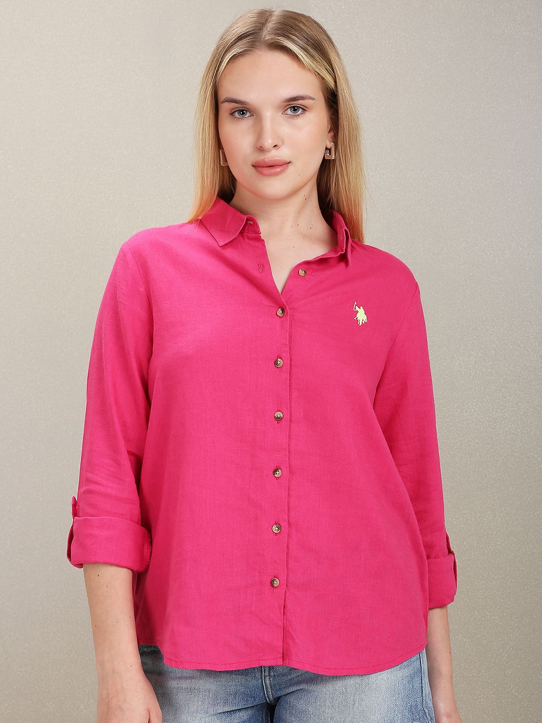 

U.S. Polo Assn. Women Comfort Fit Spread Collar Casual Linen Shirt, Pink