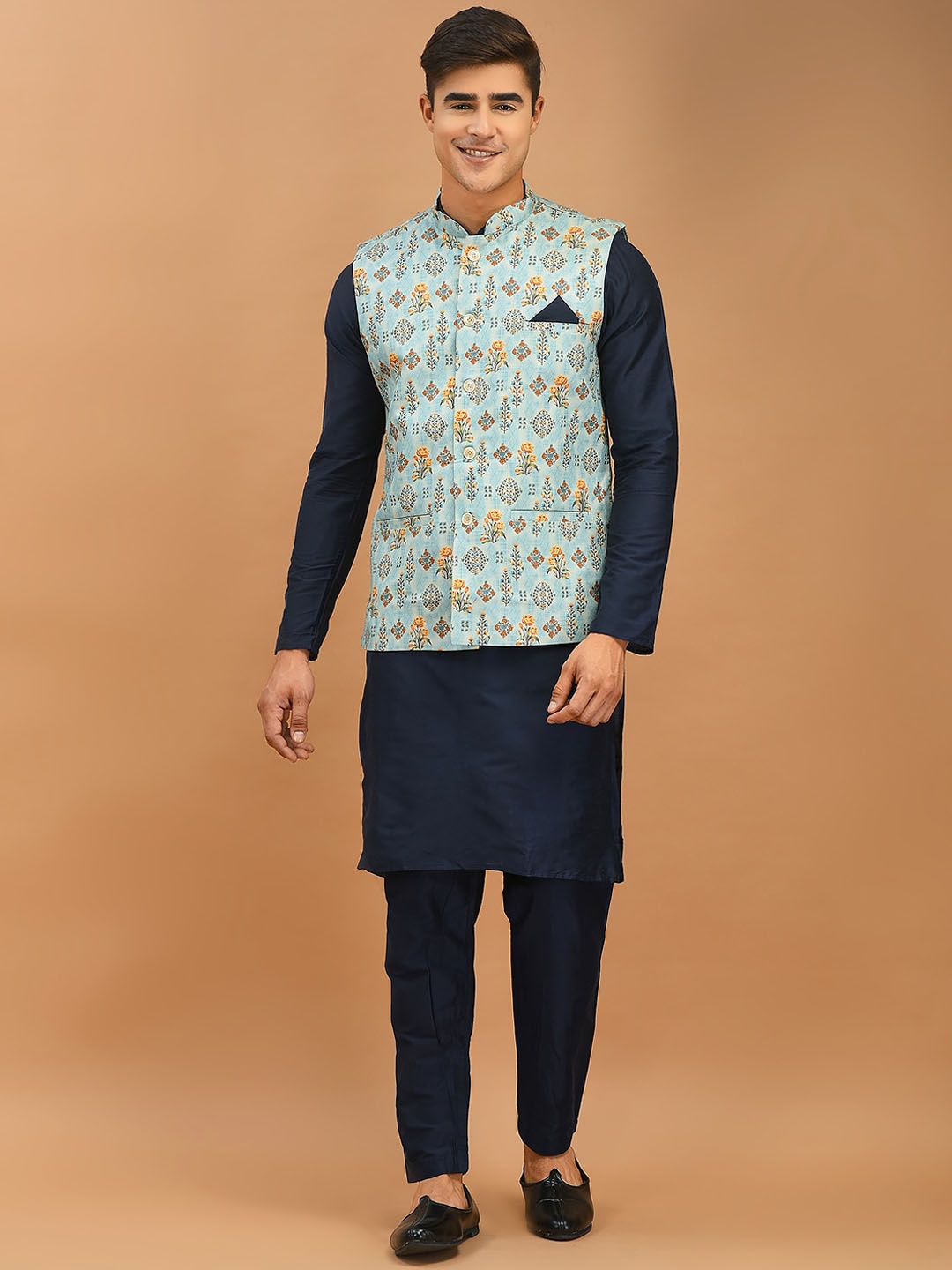 

DEYANN Mandarin Collar Kurta with Pyjamas & Printed Nehru Jacket, Blue