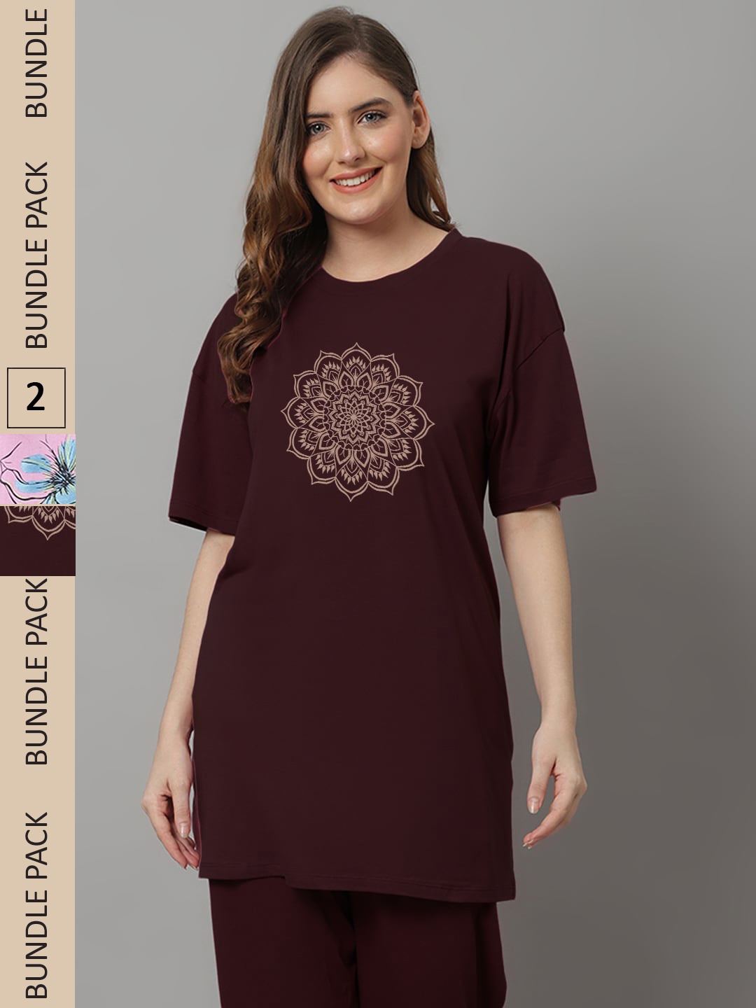 

Kanvin Pack Of 2 Maroon & Rose Graphic Printed Modal T-Shirt