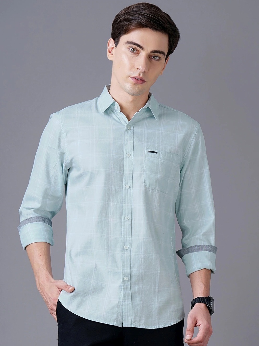 

British Club Windowpane Checked Smart Slim Fit Pure Cotton Casual Shirt, Green