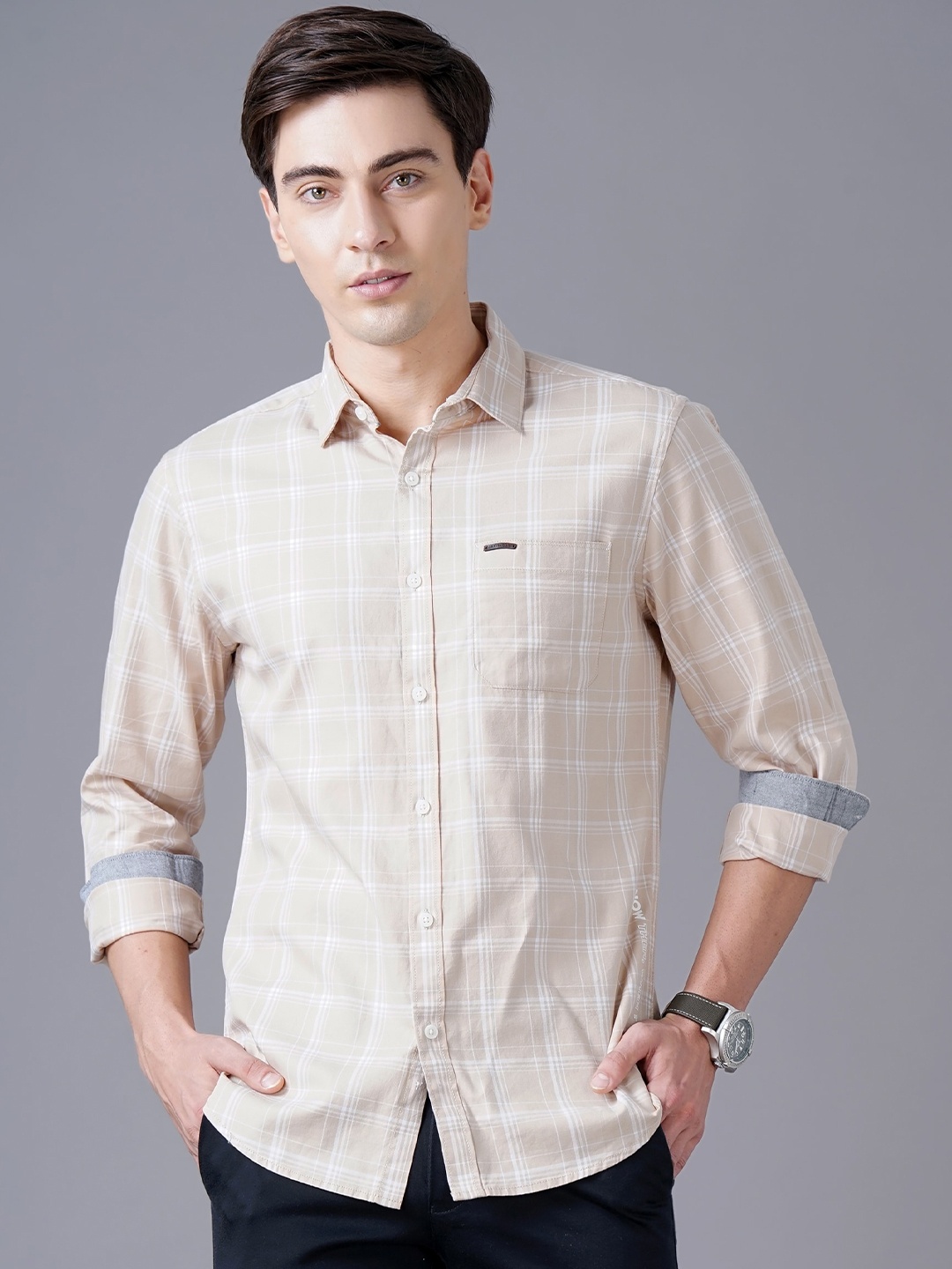 

British Club Windowpane Checked Smart Slim Fit Pure Cotton Casual Shirt, Beige