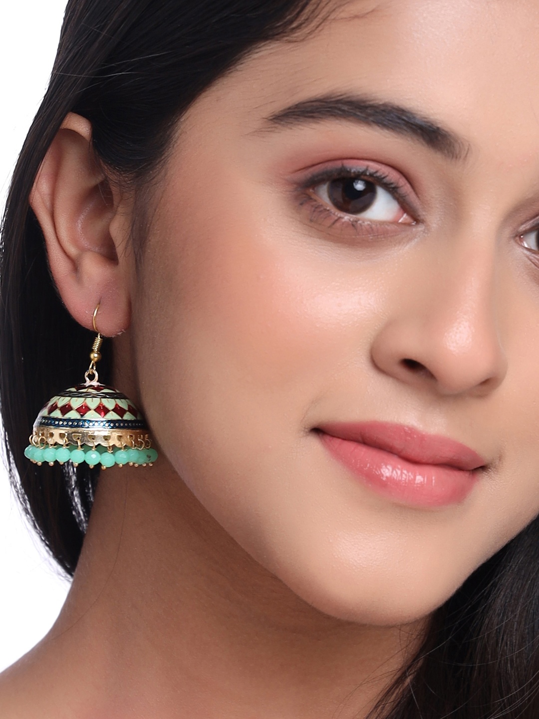 

NVR Gold Plated Meenakari Dome Shaped Jhumkas Earrings, Green