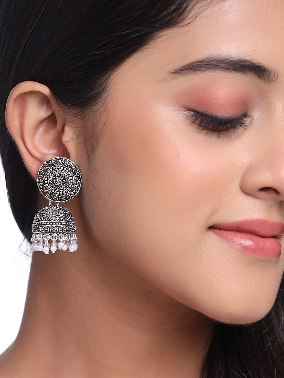 

NVR Silver Plated Dome Shaped Oxidised Jhumkas Earrings