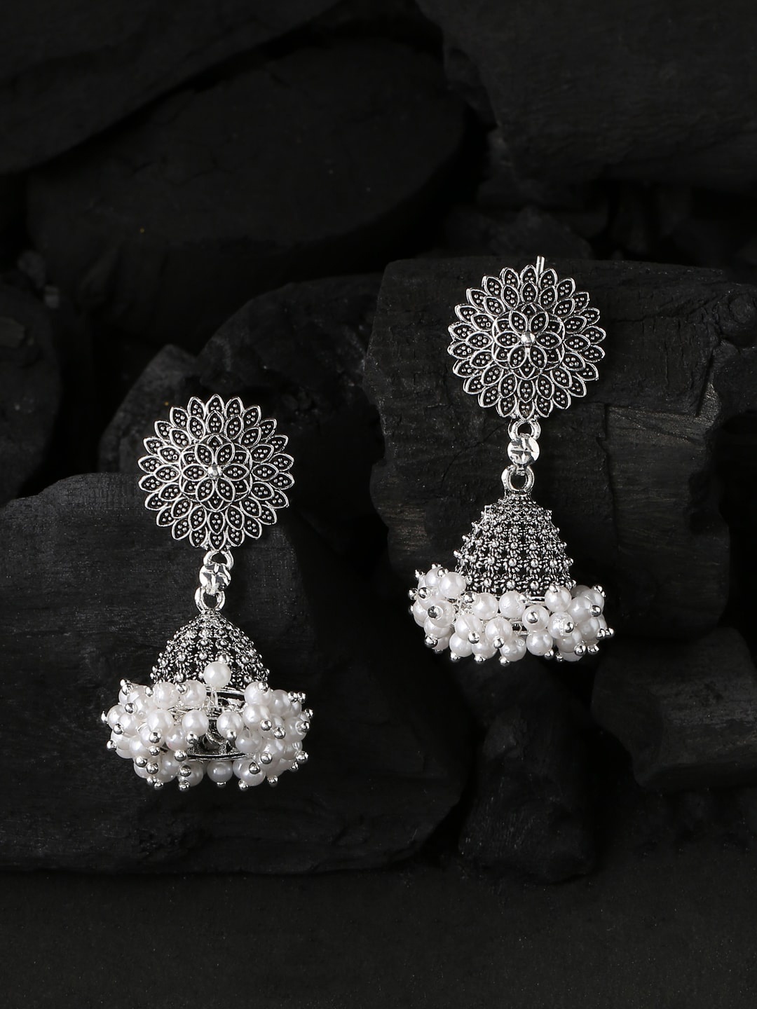 

NVR Silver-Toned Contemporary Jhumkas Earrings