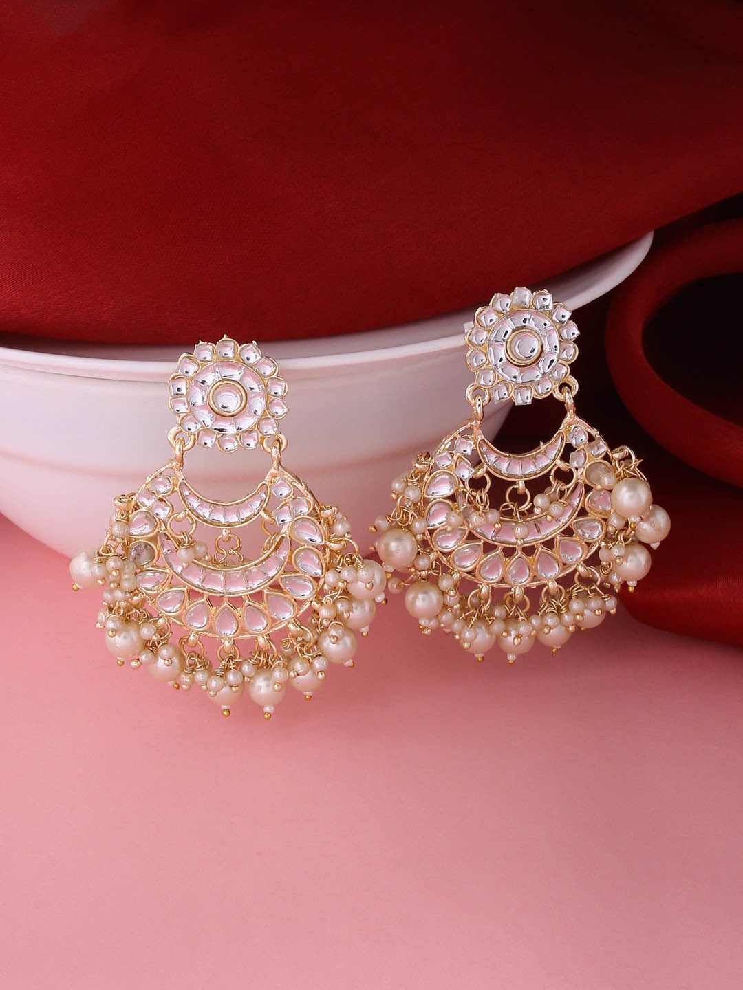 

NVR Gold-Toned Kundan Studded & Beaded Chandbalis Earrings