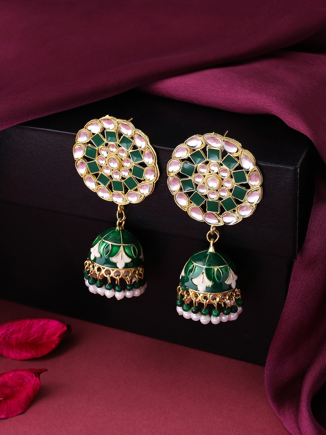 

NVR Gold Plated Dome Shaped Meenkari Jhumkas Earrings, Green
