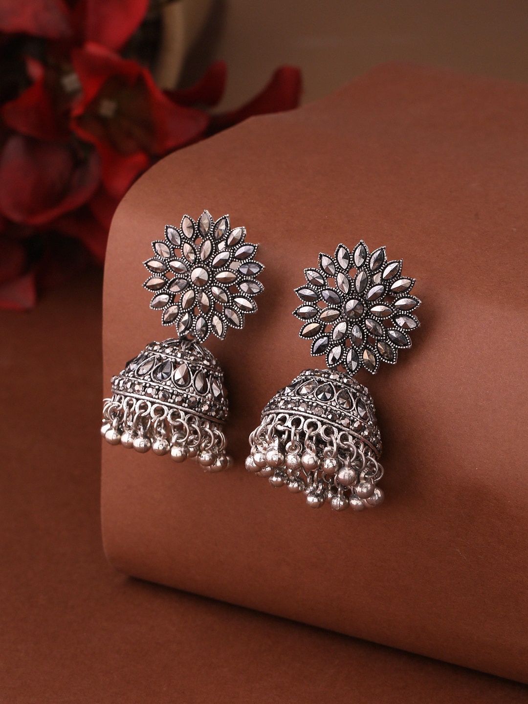 

NVR Silver-Plated Dome Shaped Jhumkas Earrings