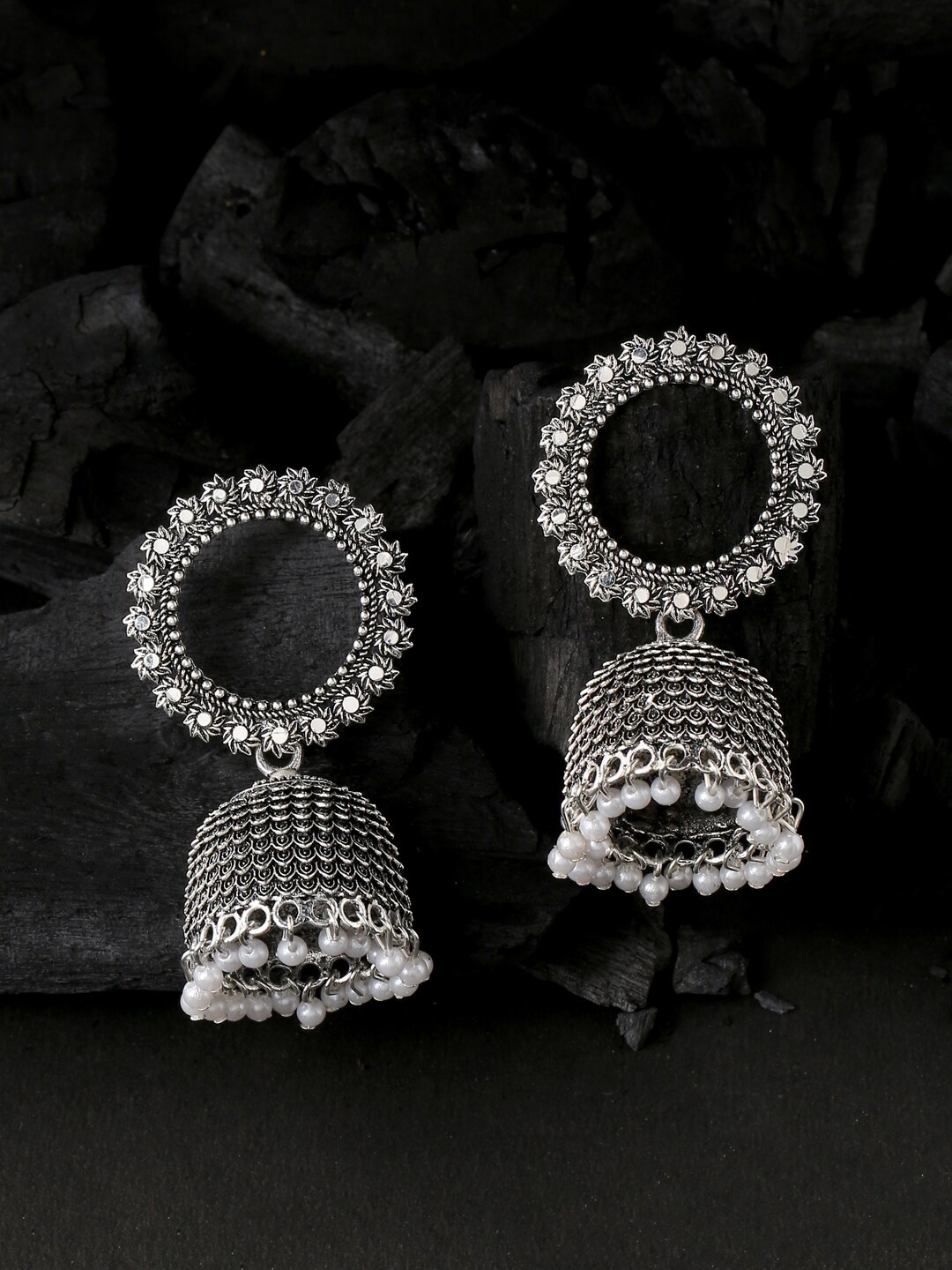 

NVR Silver-Plated Dome Shaped Jhumkas Earrings