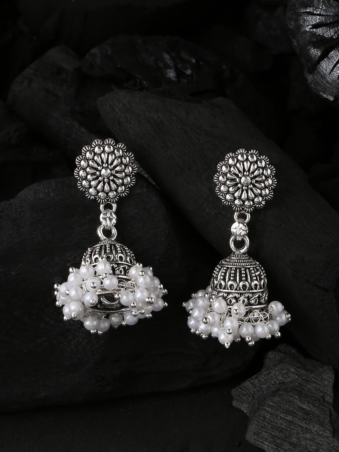 

NVR Silver-Plated Contemporary Artificial Beads Jhumkas Earrings