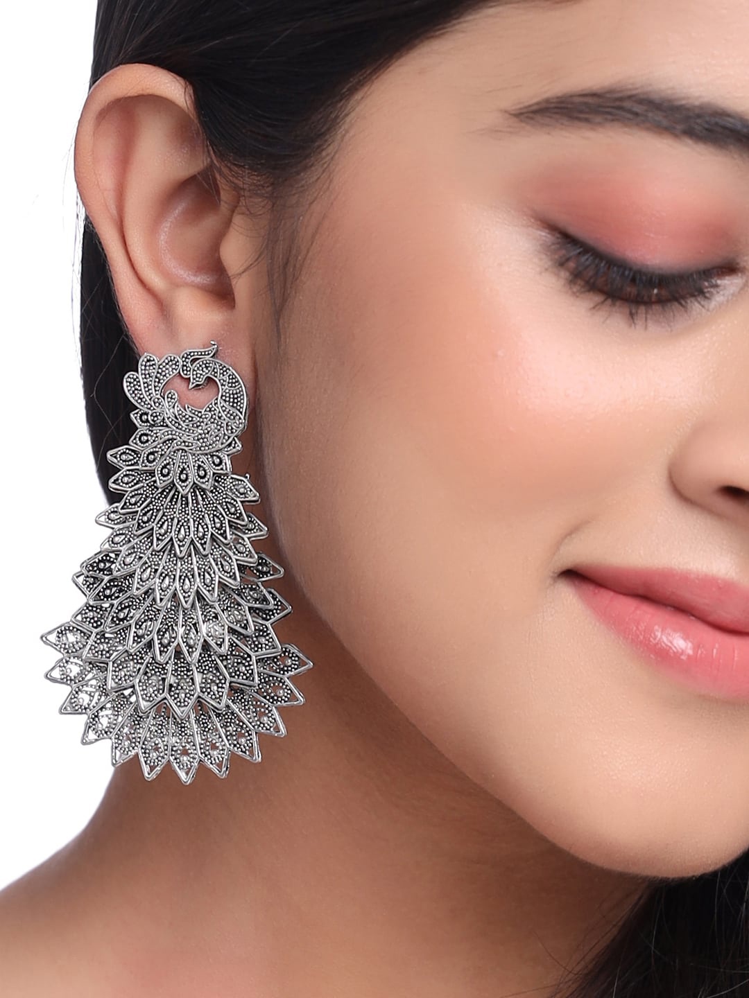 

NVR Silver-Plated Peacock Shaped Drop Earrings