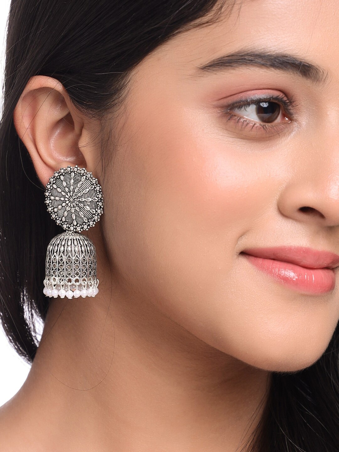 

NVR Silver-Plated Dome Shaped Jhumkas Earrings