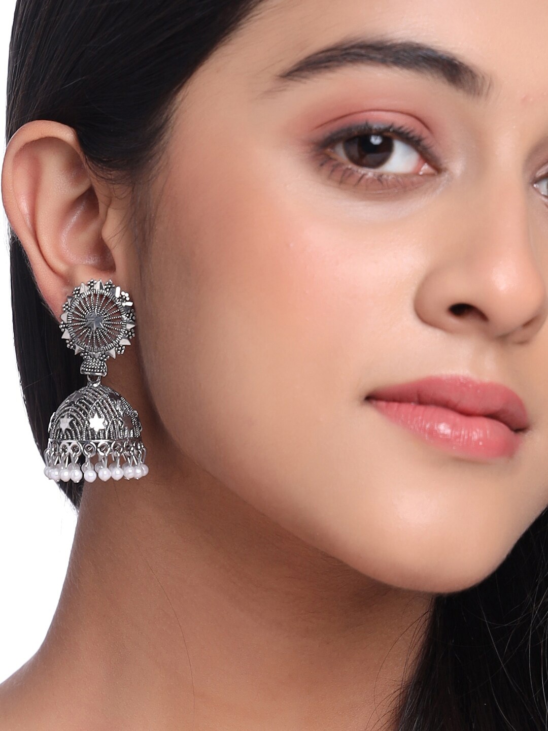 

NVR Silver-Plated Dome Shaped Jhumkas Earrings