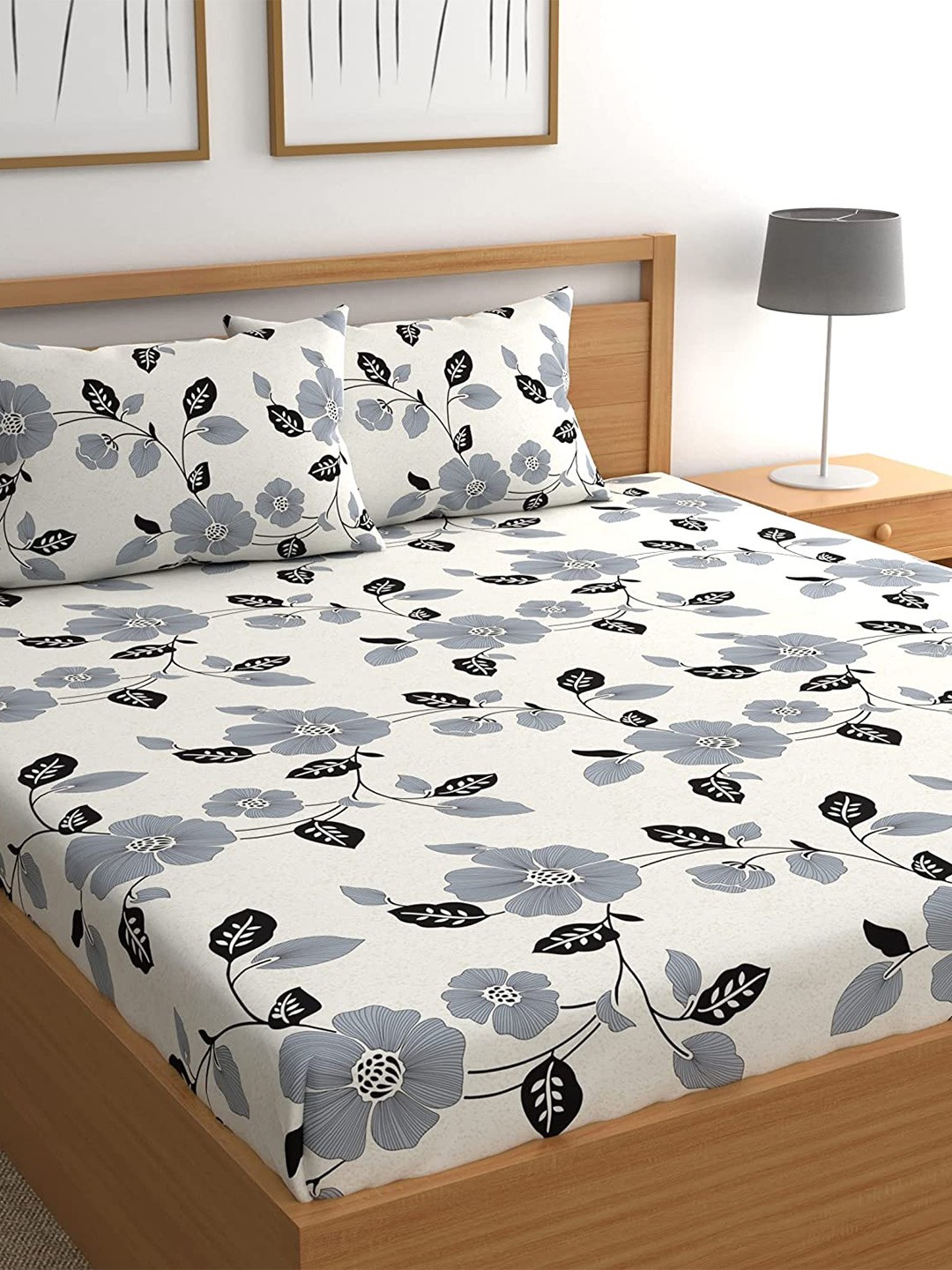 

Bajo's White & Grey Floral Printed 210 TC Cotton King Bedsheet & 2 Pillow Covers