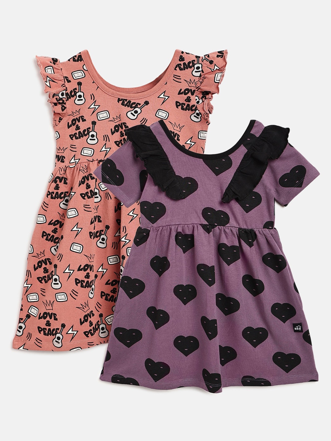 

Whistle & Hops Girls Pack Of 2 Printed Ruffles Fit & Flare Dress, Purple