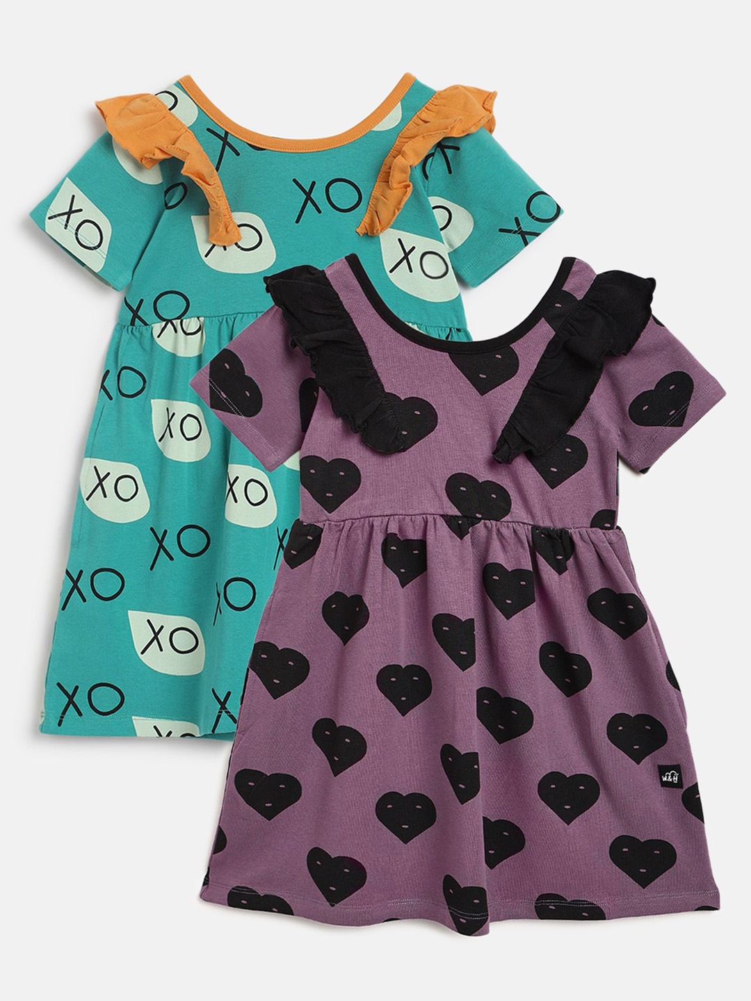 

Whistle & Hops Pack Of 2 Conversational Print Ruffles Fit & Flare Dress, Purple