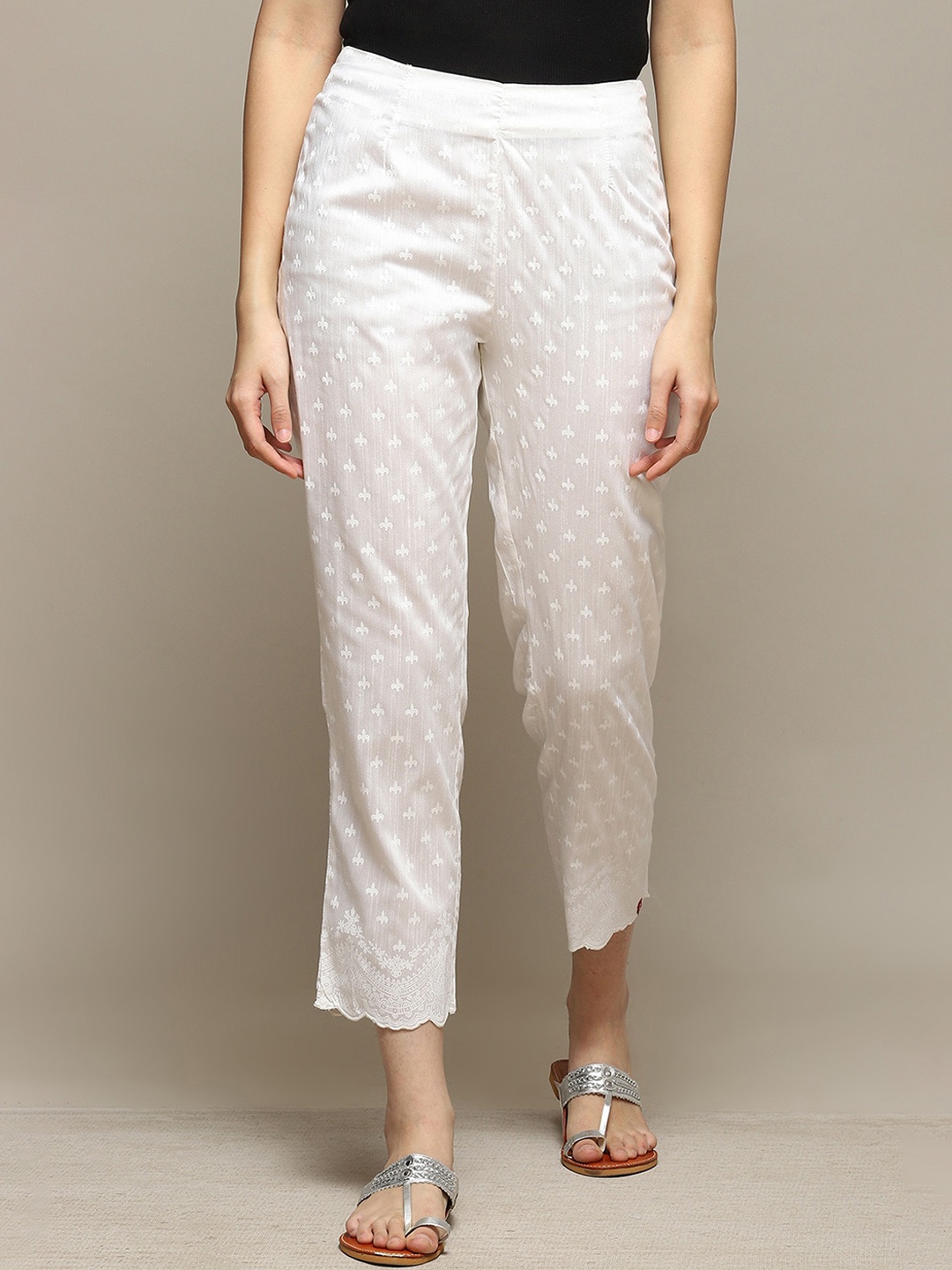

Biba Women Ethnic Motifs Printed Relaxed Straight Leg Trousers, White