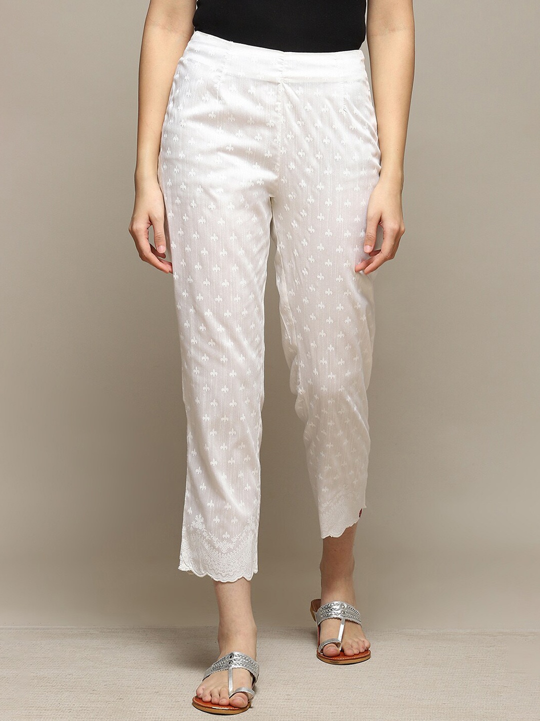 

Biba Women Ethnic Motifs Printed Relaxed Straight Leg Trousers, White