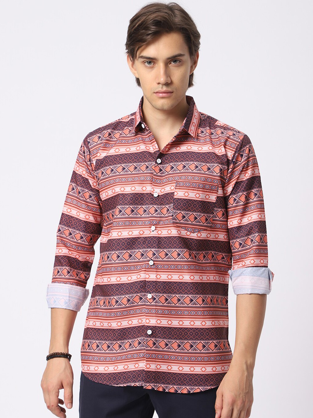 

N AND J Classic Ethnic Printed Casual Shirt, Orange
