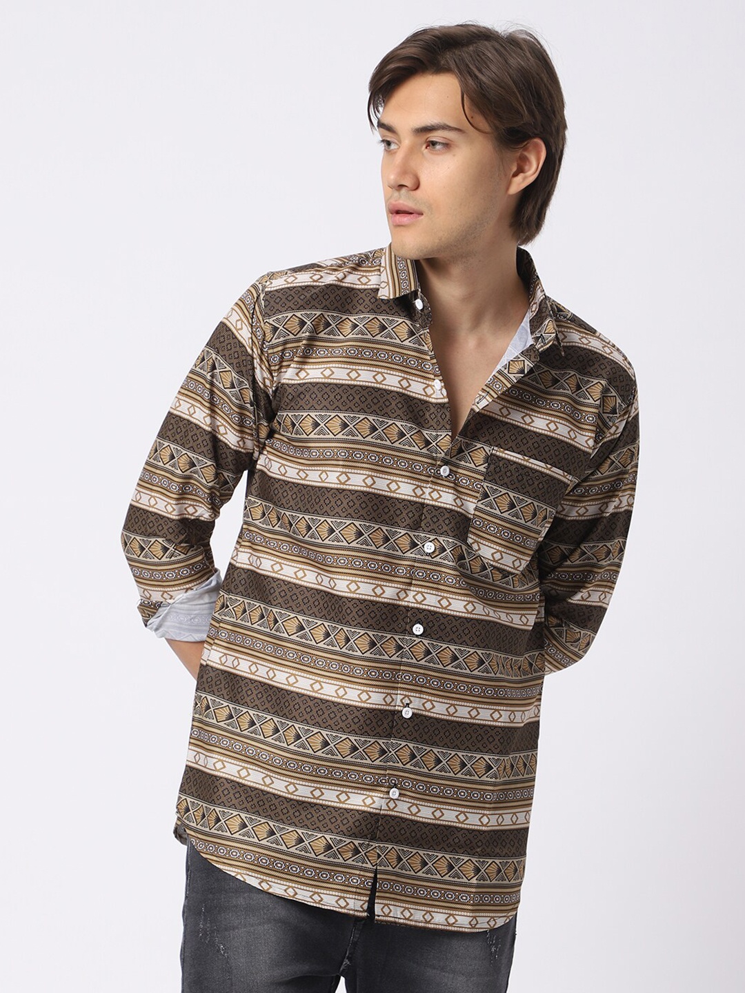 

N AND J Classic Striped Casual Shirt, Khaki