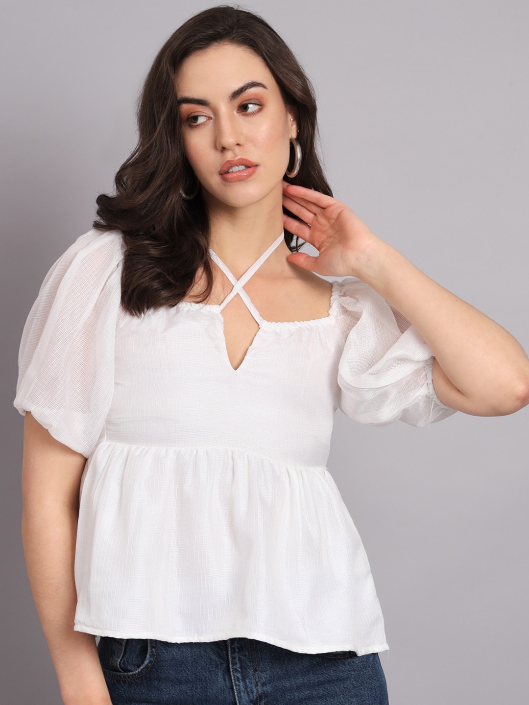 

The Dry State White Puff Sleeve Peplum Top