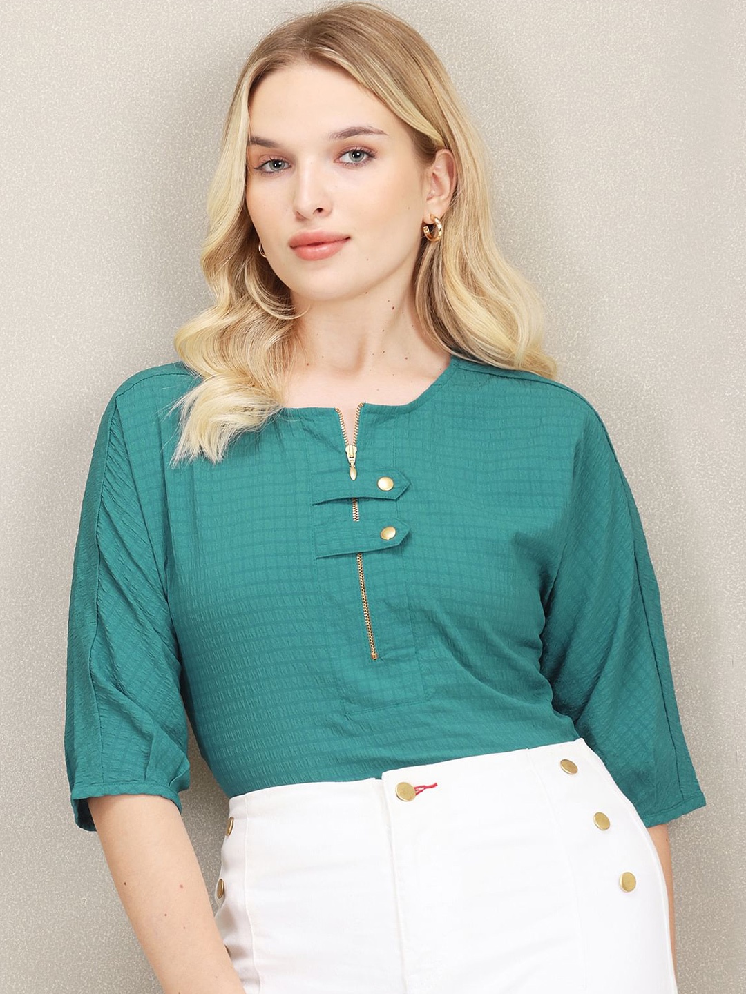 

U.S. Polo Assn. Women Checked Extended Sleeves Regular Top, Teal