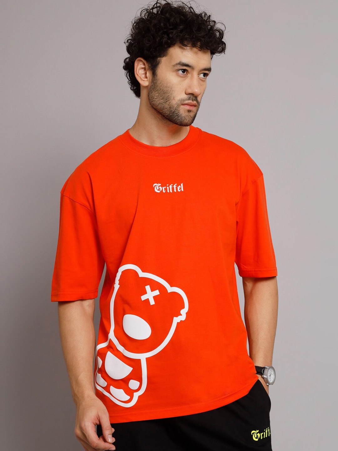 

GRIFFEL Graphic Printed Drop Shoulder Sleeves Cotton T-Shirt, Orange